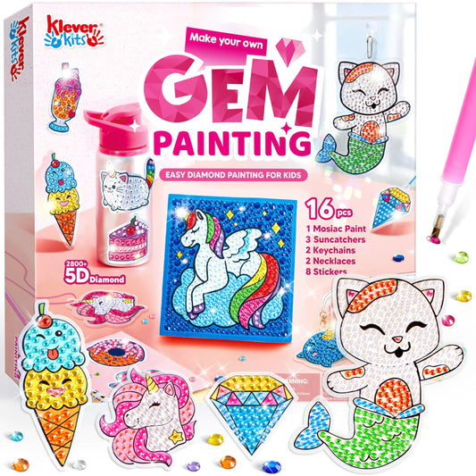 Klever Kits 16 Projects Gem Painting Kids Diamond Gem Painting Kit with 5D Gem Arts and Crafts for Girls Ages 6-12 Gem Craft Activities Kits Premium Art Gift Ideas for Girls Crafts Ages 6 7 8+